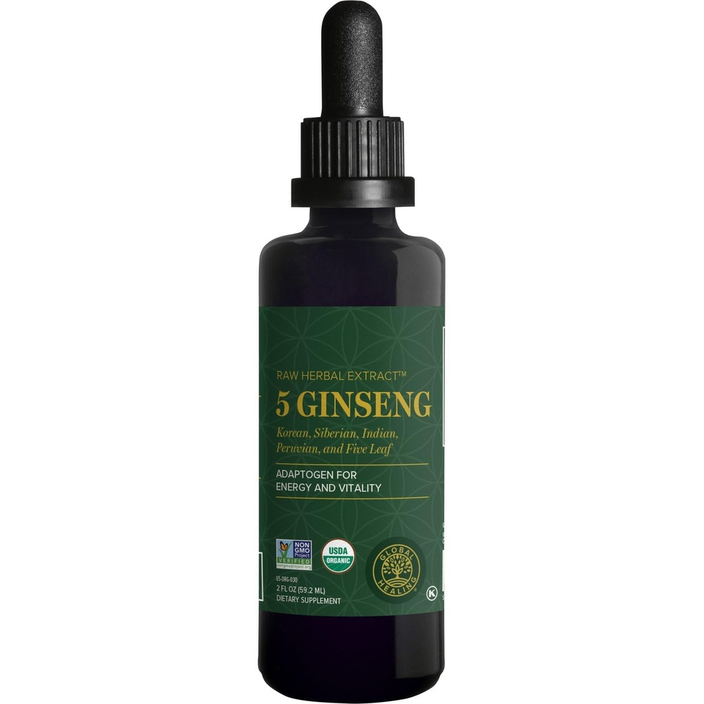 Global Healing Center - Ginseng - Organic Raw Herbal Extract - Liquid Panax Supplement Drop främjar energi - koreanska och sibiriska Ginseng Supplement, Maca, Ashwagandha - Non-GMO - 2 Fl Oz