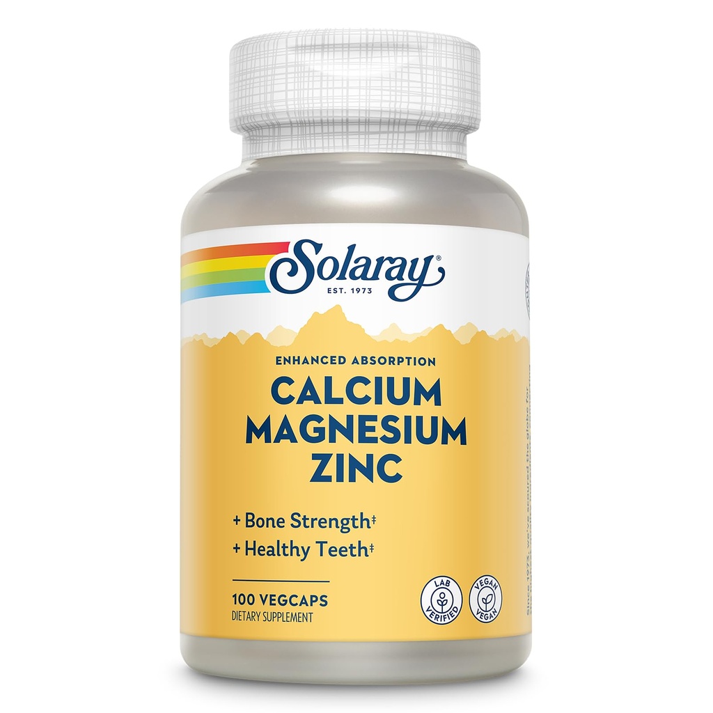 SOLARAY Kalsium Magnesiumsinkki täydennysosa - kalsium 1000 mg, magnesium 500 mg - Luun terveys, lihasten toiminta, sydämen terveys ja immuuni tuki - Vegan, 60 päivän takuu, 25 tarjoilut, 100 VegCaps