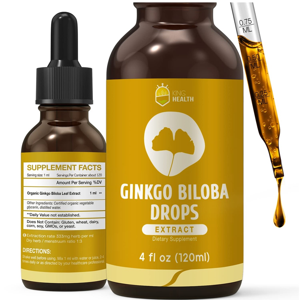 Organic Ginkgo Biloba Extract Liquid Supplements, Brain & Focus Support, 98% Absorptio, Vegaani, Ei-GMO, Alkoholiton & Gluteeniton - 4 Fl Oz