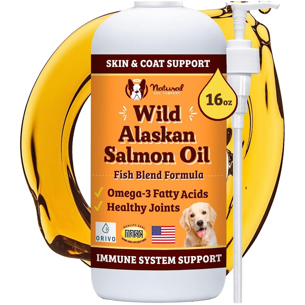 Natural Dog Company Wild Alaskan Salmon Oil Formula Omega 3, Fish Oil for Dogs Supplement, Skin & Coat Dog Oil, Ichy Relief, Immuno Support for joints & Heart, Food Topper, 16 oz.
