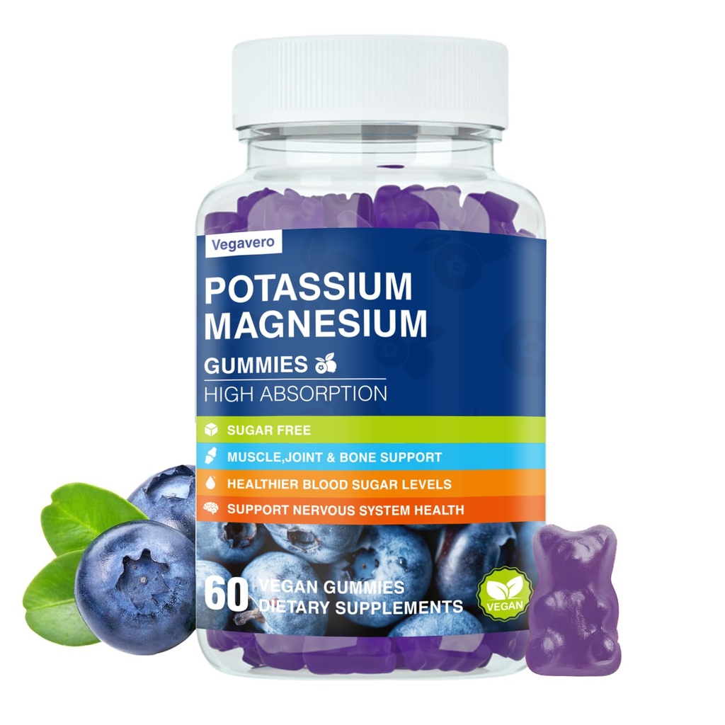 Magnesium Kaliumlisä Gummies - korkea Imeytyminen Rauhoitu Magnesium Glycinate & Kalium Citrate Plus Coenzyme Q10, DHA, D3, Mineraali & kalsium Zzz, Leg Cramps & lihas - 60 mustikka Gummies