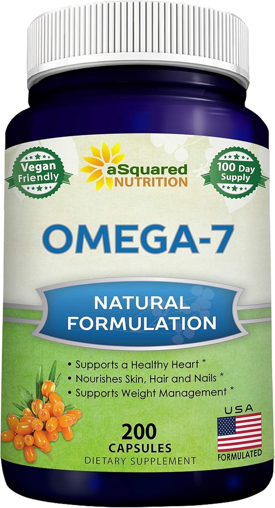 aSquared Nutrition Puhdistettu Omega 7 Rasvahapot-200 kapselia Natural Sea Buckthorn, XL-vitamiini täydentää, ei kala Burp,Vegan, Omega 3 6 9 täydellinen laihtuminen tulokset