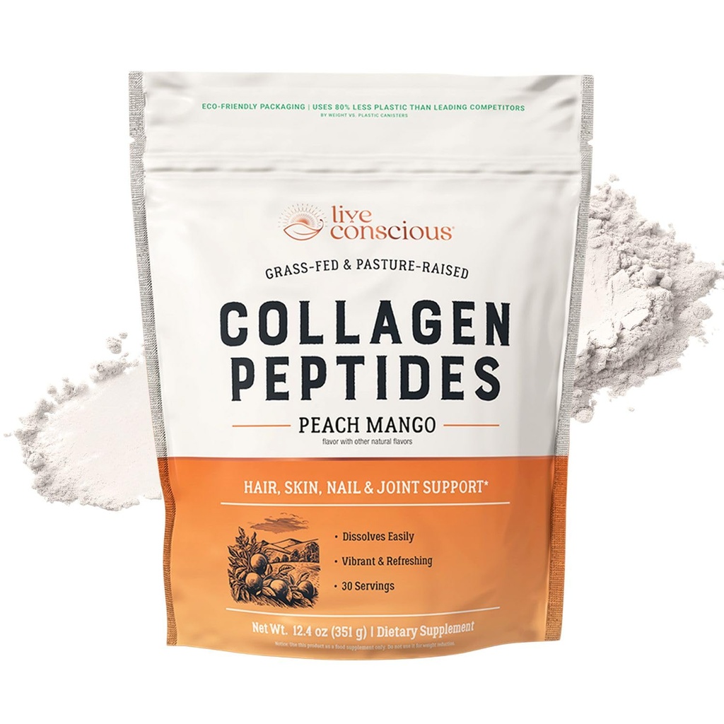 Live Conscious Collagen Peptides Powder - Peach Mango Flavored Collagen Powder - Hiukset, iho, kynsi, & Joint Support - Tyyppi I & III Grass-Fed Collagen täydentää naisten ja miesten - 30 Tarjoilut - 13oz
