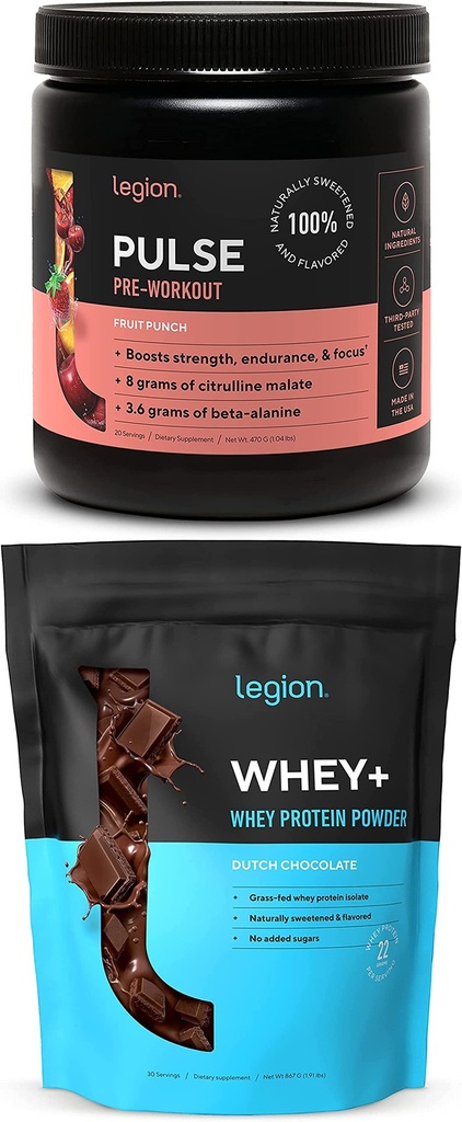 LEGION Pulse Pre Workout Supplement (Fruit Punch) Whey Protein Powder Chocolate - Whey+ Isolate Protein Pulver