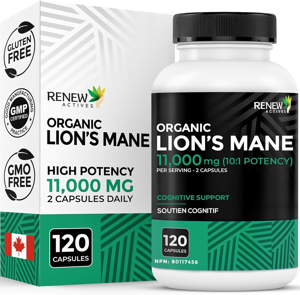 Renew Actives Premium Lion's Mane Mushroom 1100MG per 2 kapselia - Tukee aivotoimintaa, muistia, keskittymistä, stressin lievitystä ja immuuniterveyttä, ei-GMO, Vegan - Valmistettu Kanadassa - 120 kapselia