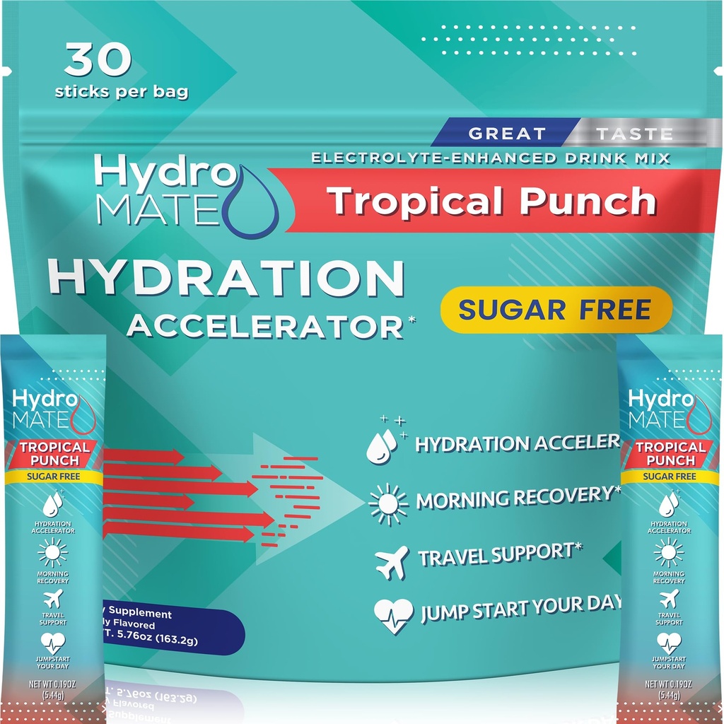 Elektrolyyttijauhe Sokeriton nesteytys Packetit Trooppinen Punch HydroMATE 30 Sticks