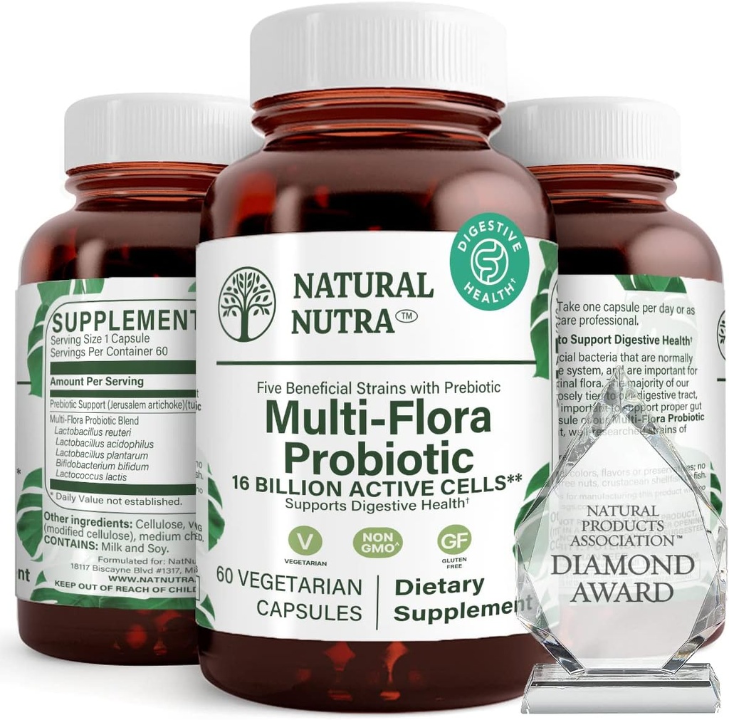 Natural Nutra Ultimate Flora Probiootti naisille ja miehille, auttaa parantamaan digestiota, edistää yleistä terveyttä, edistää immuunijärjestelmää, Multi-Strain kanssa Lactobacillus, Acidophilus, 60 kapselia