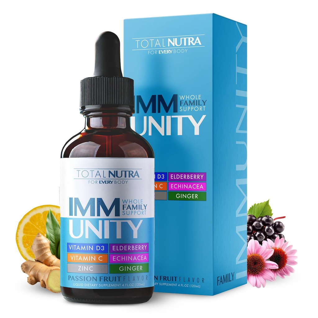 Total Immun 6-i-1 Liquid Multivitamin Supplement | 100% Daily Zinc, Vitamin D3, Vitamin C Immunity Drops Vitamin Liquid | Elderberry, Echinacea, Ginger Support för vuxna och barn | 4 uns Passion Fruit