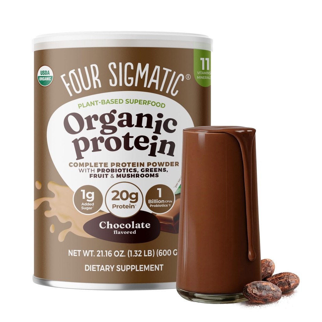 Neljä Sigmatic Organic Plant-Based Protein Powder Creamy Cacao Proteiinia leijona Mane, Chaga, Cordyceps ja enemmän 