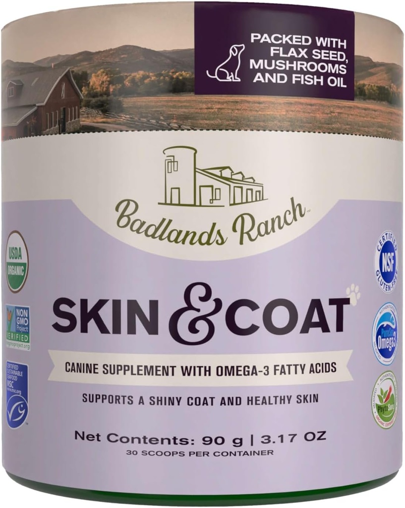 Badlands Ranch - Skin & Coat Canine Supplement w/Omega-3 Fatty Acids, Org. Ingredienser, Antioxidant Topper, Nourish Coat & Paws, Joint, Support Shiny Coat & Healthy Skin av Katherine Heigl (30 skopor)