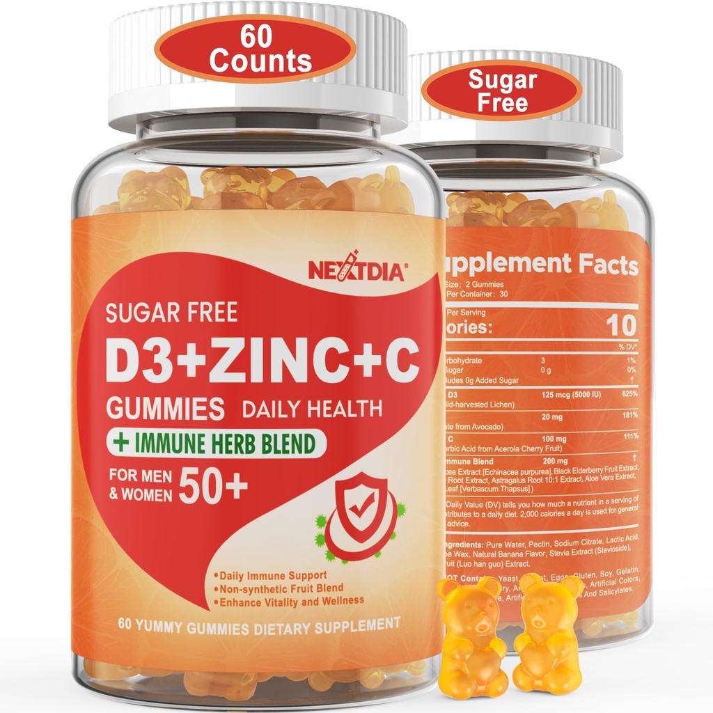 Sugar Free Vitamin C + D3 + Zink Gummies för vuxna 50 +, 9 i 1 immunförsvarstillägg med D3 5000IU, Elderberry, Echinacea, Mullein Leaf för Boost Immunity, Power Antioxidant, Vegan (Pack of 1)