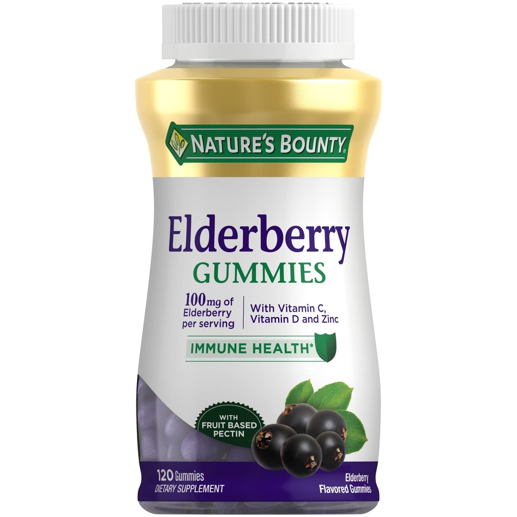 Nature's Bounty Elderberry Gummies, Ravintolisä, tukee immuuniterveyttä, sisältää A-vitamiinia, C, D, E ja Sinkki, 100 mg, 120 Gummie