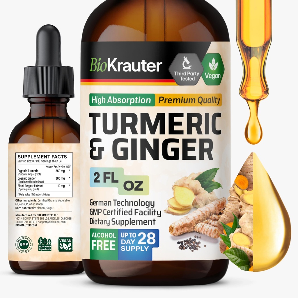BIO KRAUTER Turmeric ja inkivääri täydentää Tincture - Turmeric Curcumin Immuuni tuki Drops - Ginger Extract Black Pepper - Vegan Formula - 2 Fl.Oz.