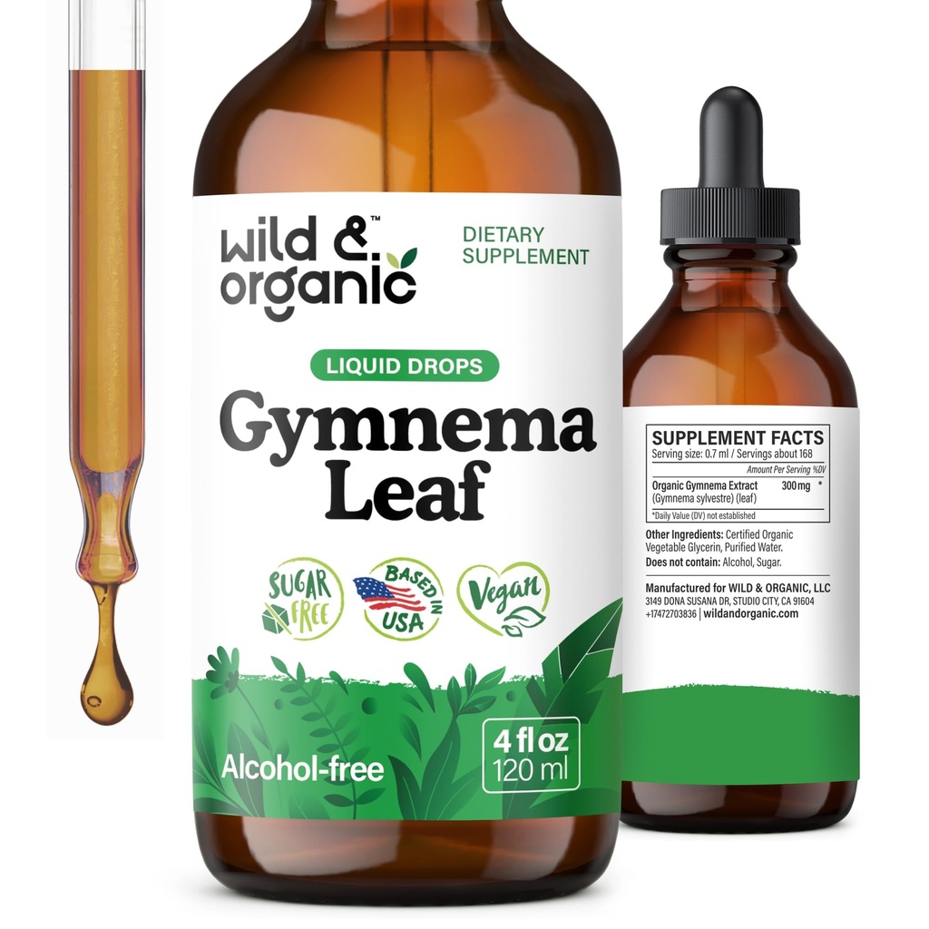Wild & Organic Gymnema Sylvestre Extract Drops - Sokeriton Gymnema Sylvestre lisäravinteet - Gurmar Powder Based Tincture - Vegaani, alkoholiton Leaf Liquid Drops - 4 fl oz