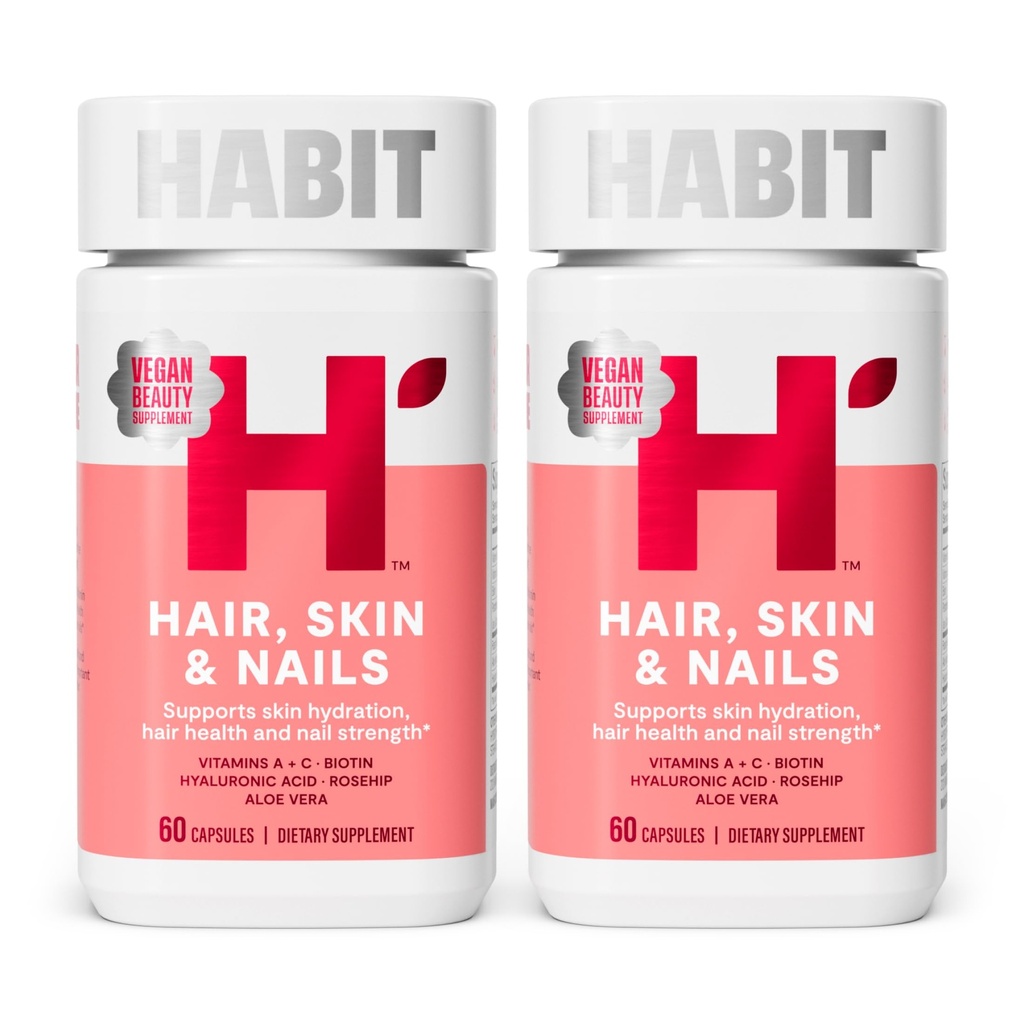 Habit hiukset, iho ja kynnet täydennysosa 2 pakkaus (120 kapselia) - Uusi Look, tukee ihon nesteytys, hiusten ja kynsien vahvuus, Biotiini 2000 mikrog, A-vitamiini & C, Hyaluronihappo, Rosehip, Vegan, ei-GMO