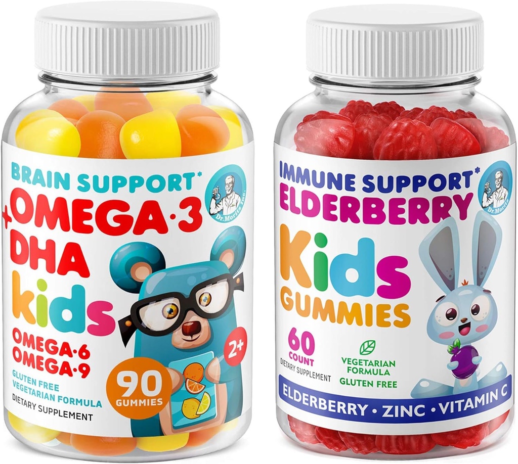 DR. MORITZ Cardio & Immuuni Boost Duo - Lapset Omega 3 Gummies (90 Count) kanssa Elderberry Gummies lapsille (60 Count)