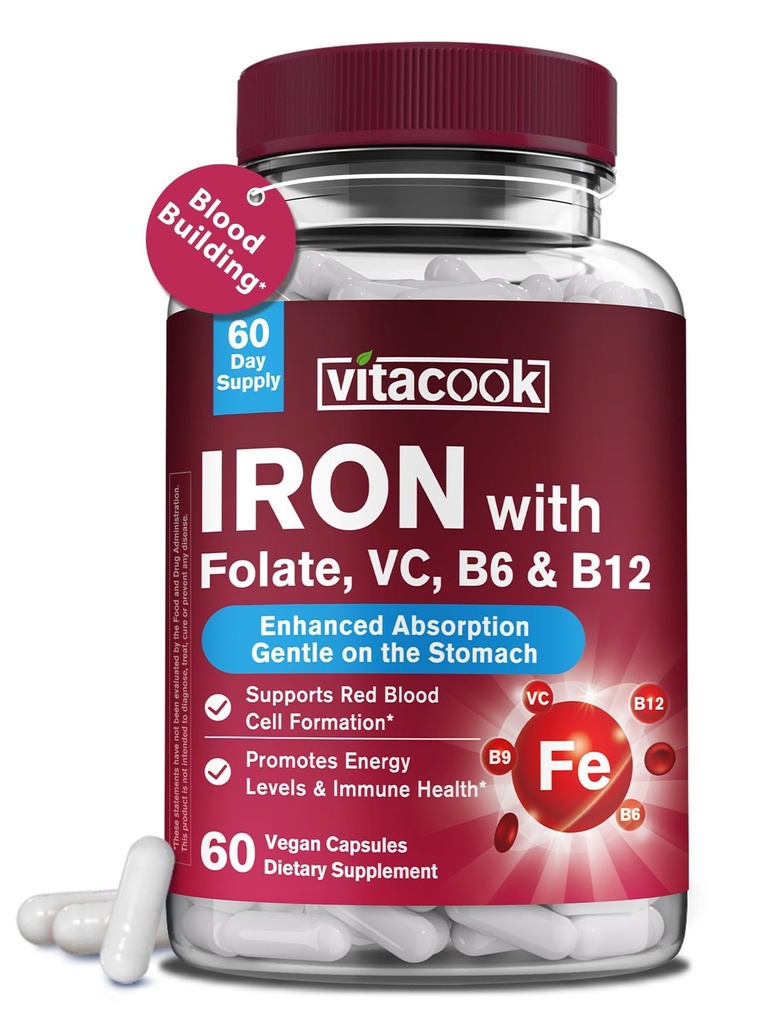 Järntillskott för kvinnor och män, järnbisglycinat med vitamin C, B6, B12, folat, mage vänlig, icke-konstiperande, blodhälsa och energiökning, 60 Vegan Caps