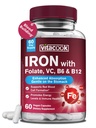 Järntillskott för kvinnor och män, järnbisglycinat med vitamin C, B6, B12, folat, mage vänlig, icke-konstiperande, blodhälsa och energiökning, 60 Vegan Caps