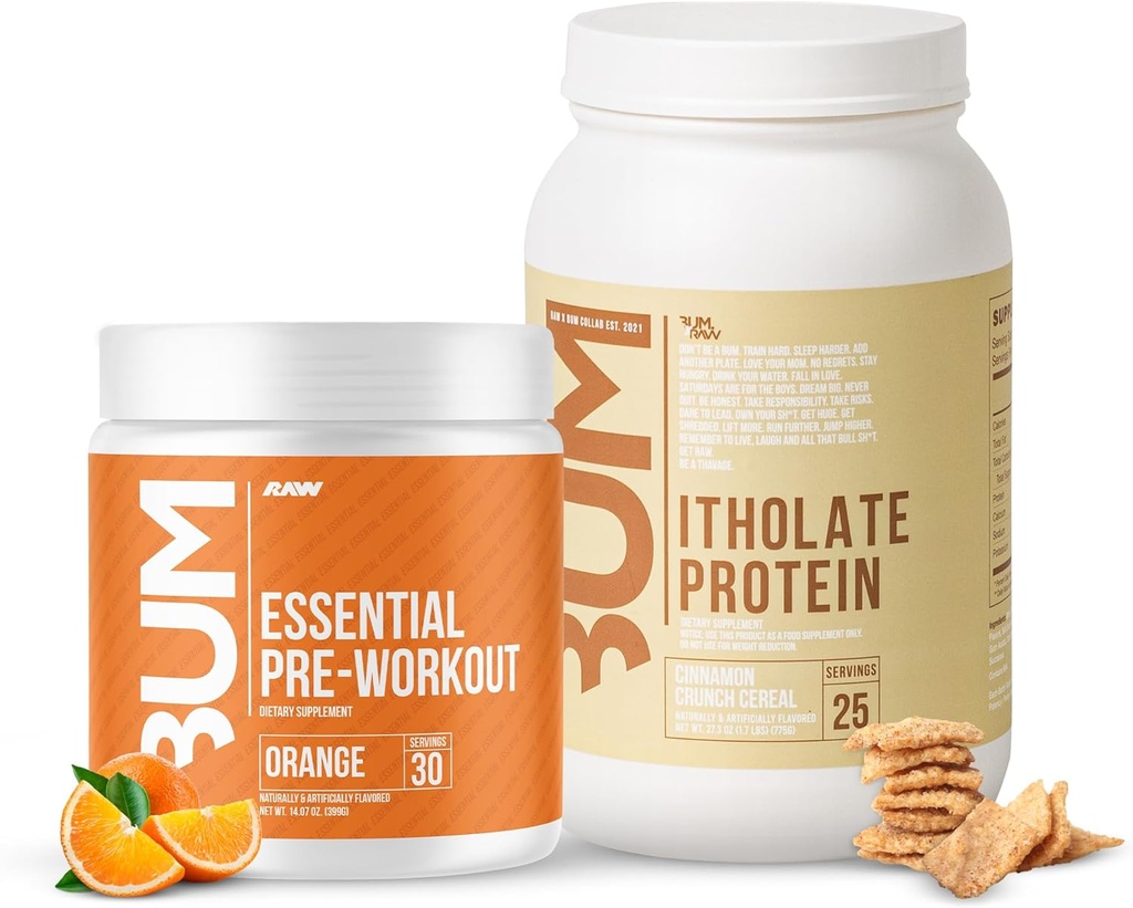 RAW Whey Isolate Protein Powder & Essential Pre-Workout Powder Bundle (Cinnamon Crunch & Orange) - Chris Bumstead Sports Nutrition Supplement för Män & Kvinnor