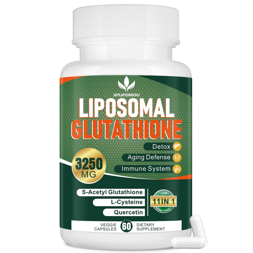 3250 MG Liposomal Glutatione Supplement, Reduced L-Glutatione with Resveratrol, Quercetin, Antioksidantti Supplement for Immune System,Gluteeniton & ei-GMO, 60 kapselia