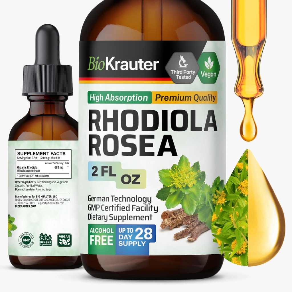 BIO KRAUTER Rhodiola Rosea Supplement Liquid - Pure Rhodiola Rosea Tincture - Vegan Calmness Support - Alkoholiton ja sokeriton uute 2 Fl.Oz.