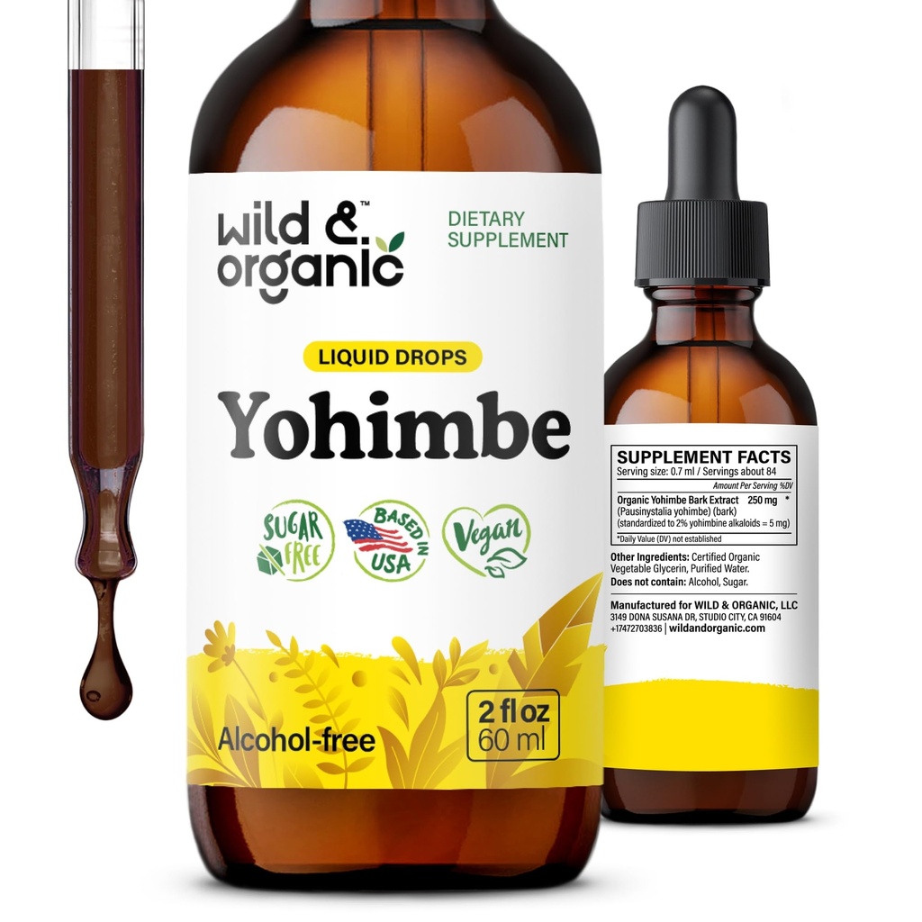 Wild & Organic Yohimbe Supplements for Men & Women - 5 mg Yohimbine Liquid Extract Drops - Pausinystalia Yohimbe Bark Tincture - Vegaani, alkoholiton - 2 fl oz