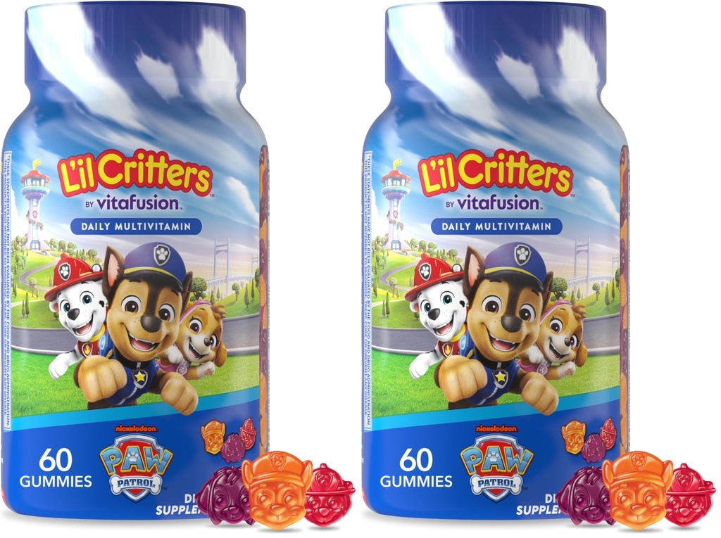 L'il Critters Paw Patrol Gummy Vites Daily Gummy Multivitamin för barn, vitamin C, D3 för Immune Support Cherry, Orange och Blueberry Flavors, 60 Gummies (Pack of 2)