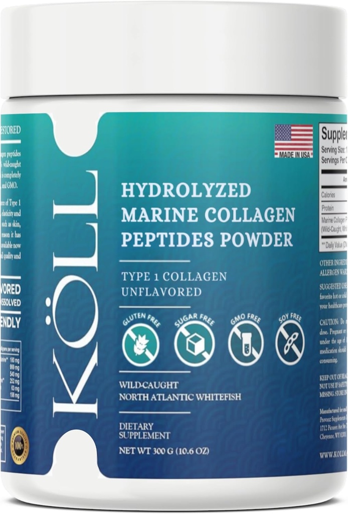 KÖLL Marine Collagen Peptides Powder (300g) Mautonta sokeritonta kollageenia naisille ja miehille, 10 000 mg hydrolysoitua täydentää, Wild-Caught Sourced, non-GMO, 0% Säilöntäaineet tyyppi 1 Bone & Skin Health