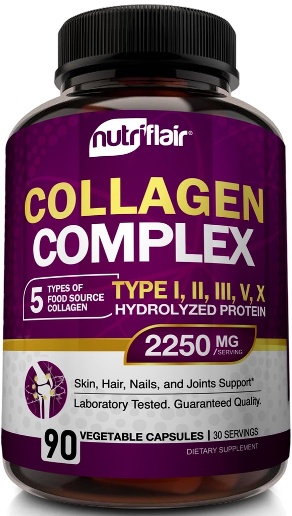 NutriFlair Multi Collagen Peptides 2250mg, 90 kapselia - tyyppi I, II, III, V, X - Collagen täydentää Complex Powder Pills naisten ja miesten - Hydrolysoitu proteiini, terveet hiukset, iho, kynnet - ei-GMO