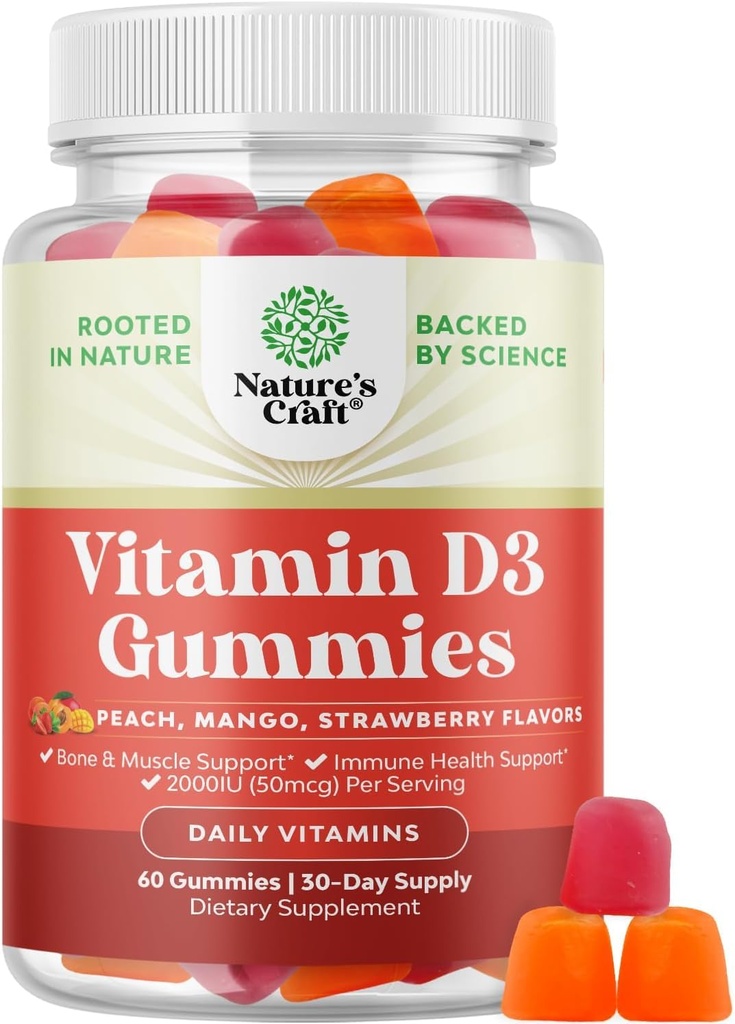 Natures Craft D3-vitamiini Gummies for Daily Wellness - herkullinen D Aikuiset 2000IU per tarjoilu luun Lihas ja immuuni tuki ei-GMO Liivate Gluteeniton (30 päivän tarjonta)