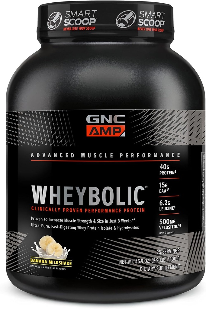GNC AMP Wheybolic Clinically Proven Protein Powder, 40g Whey Protein, BCAA, Leucine, Ökar muskelstyrka, muskelbyggnad, 3rd Party Tested, Gluten Free, Banana Milkshake, 25 Servings