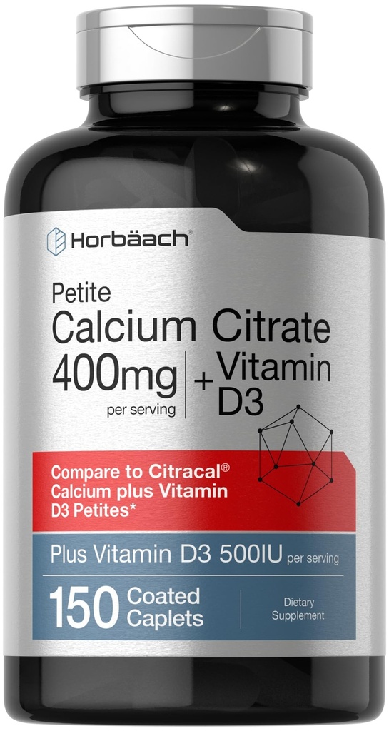 Horbäach Calcium Citrate med vitamin D3 | 150 Petite Coated Caplets | Tillägg för män och kvinnor | Vegetariska, icke-GMO & Gluten Free