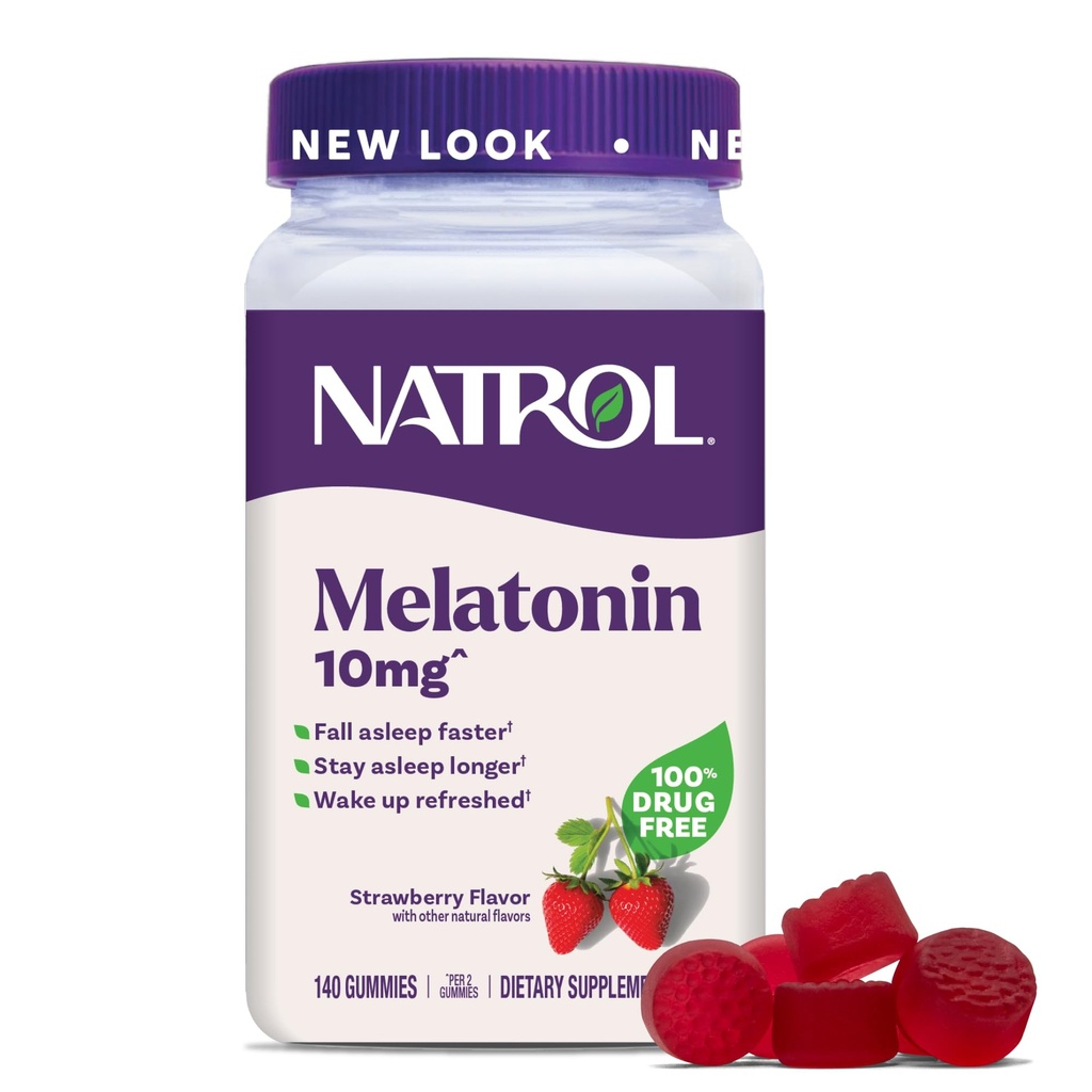 Natrol Melatoniini Gummies, unituki aikuisille, melatoniini 10 mg, 140 mansikkakuorrutettu, jopa 70 päivää