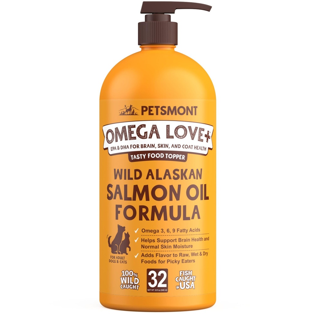 Petsmont Omega Love+ Wild Alaskan Salmon Oil for Dogs Formula 32 oz - Fish Omega Liquid Pumpu Kissat Tuet Yhteinen toiminta Immuno Heart Health Food Supplement Lemmikkieläimet Natural EPA DHA rasvahapot