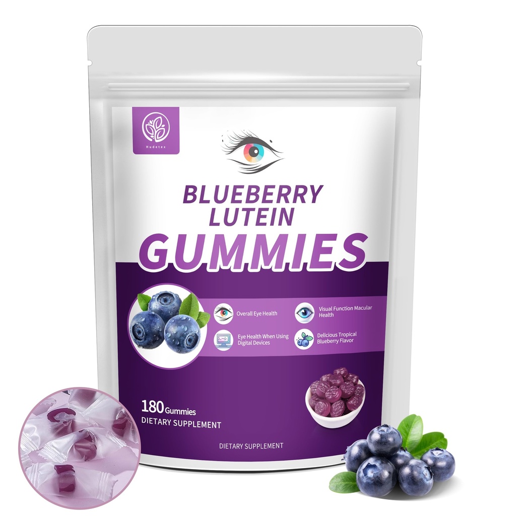 Blueberry Lutein silmät Vitamiinit Gummie 180 Count - 3 kuukauden tarjonta, Vegan Eye Health täydentää lapsille ja aikuisille, Lutein Gummies Vision Clarity ja sininen valo tuki