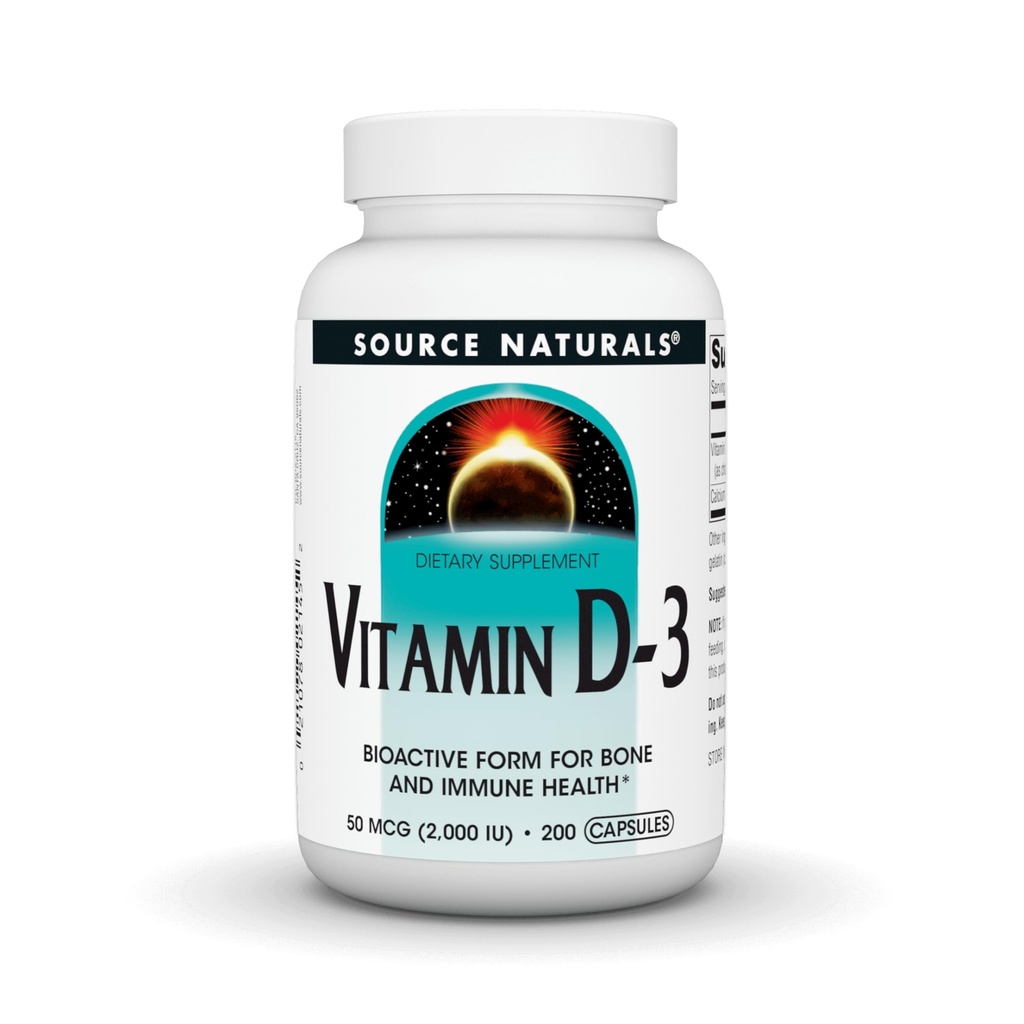 Lähde Naturals-vitamiini D-3, Bioactive Form for Bone & Immuno Health*, 2000 IU - 200 kapselia