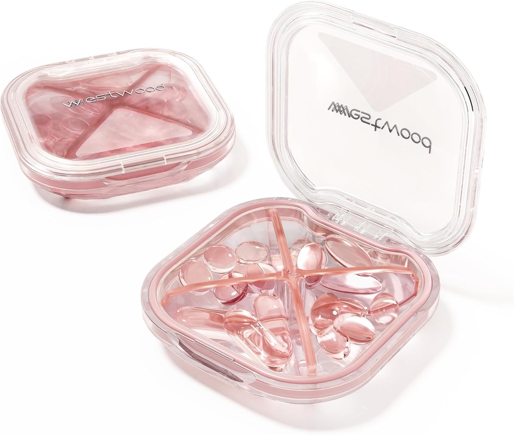 1 Pack Small Pink Pill Organizer, 4 Compartments, Compact Stylish Cute Travel Camping Pill Box Daily Medicine Pill Case, Portable och Moistureproof för att lagra vitaminer, Medicinering och tillägg
