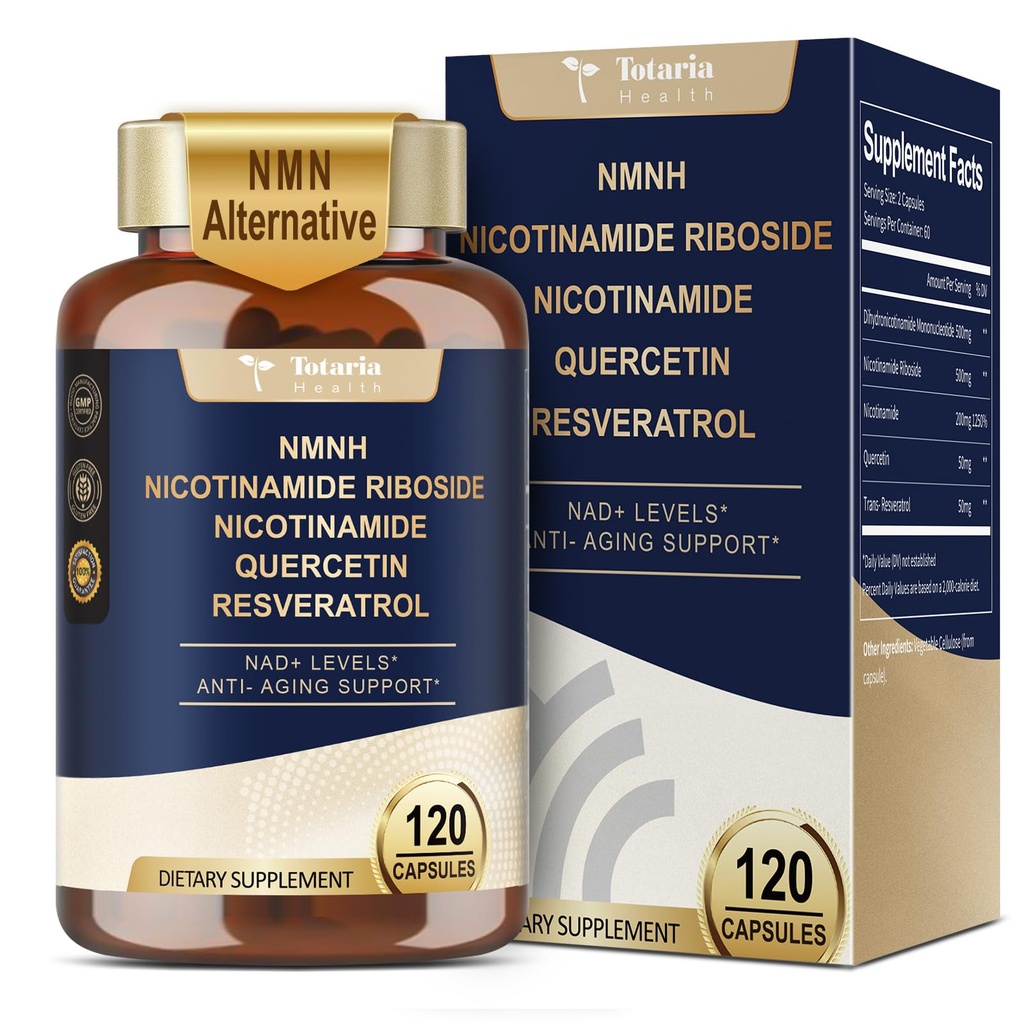 Totaria NMNH (Dihydronikotinamidi Mononukleotidi), NMN Vaihtoehtoinen täydennysosa w/Niacinamidi (Vitamin B3), Quercetin, Trans- Resveratrol, tuki NAD+, ihosolujen terveys*, anti-aging & energia, 120 kapselia