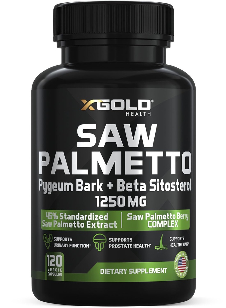 X Gold Health Saw Palmetto Prostate Supplement för Män | Pygeum Bark | Beta Sitosterol Supplement | Potent 3X Formel | Urinary Function Prostate | DHT Blocker Hair Growth | 4 Månadsförsörjning Made in USA