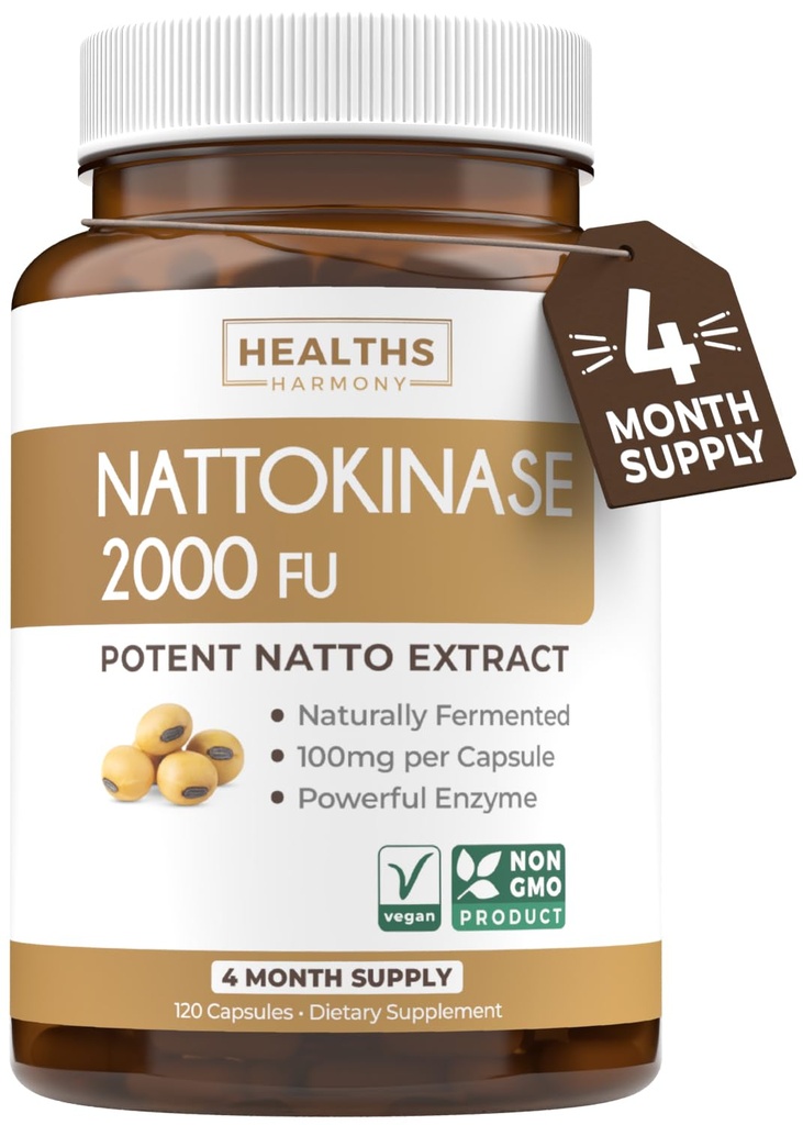 Hälsa Harmony Nattokinase 2000 FU (Non-GMO) Kraftfull Nattokinase Supplement Made from Naturally Fermented Soybeans - (4 Month Supply) 120 Vegan Natto Capsules