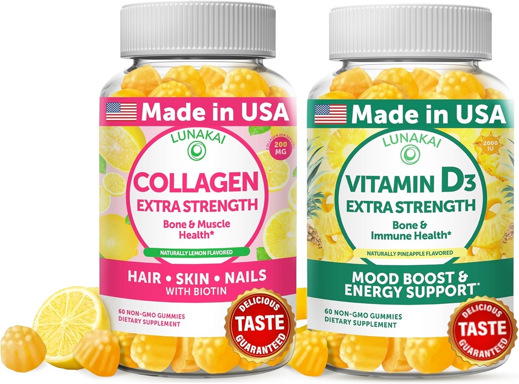 Lunakai Collagen ja D3-vitamiini Gummies Bundle - Ei-muuntogeenisiä anti-ikääntymisen lisäravinteet miehille ja naisille - Immuniteetti, luut ja mieliala Tuki Gummy aikuisille - 30 päivän tarjonta