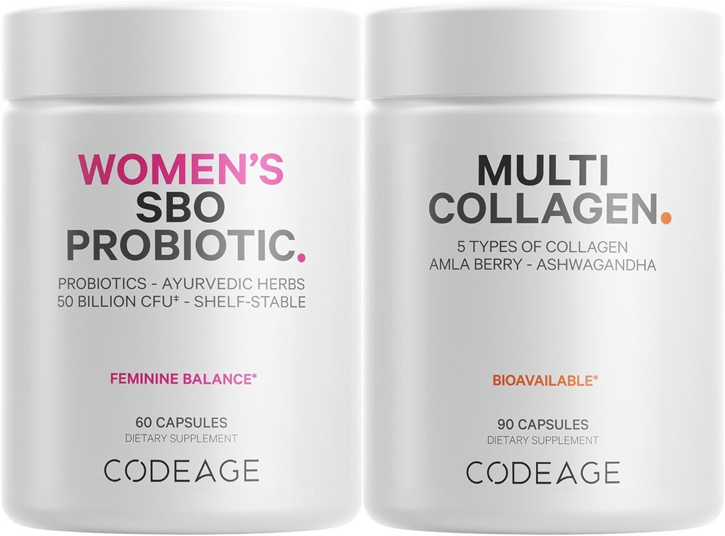Koodage Multi Collagen Protein Capsules & Probiootit naisille Bundle ... Multi Collagen Pills, Collagen Tyypit I, II, II, V & X, 90 Count. Prebiootit & Probiootit naisille - soijaton, 60 Count