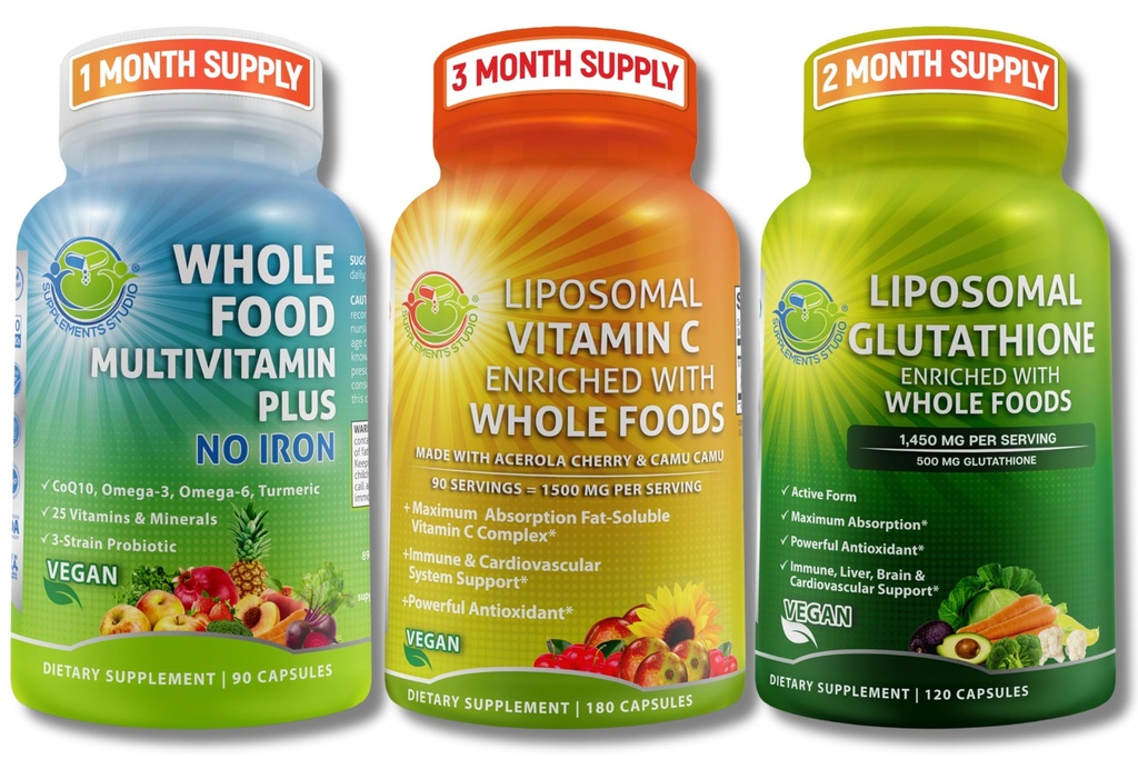 Immun & Daily Wellness Support Bundle för kvinnor och män - Liposomal Vitamin C 1500mg + Vegan Whole Food Multivitamin No Iron + Liposomal Glutathione 500mg - Vegan, Non-GMO, Clean Daily Wellness Support