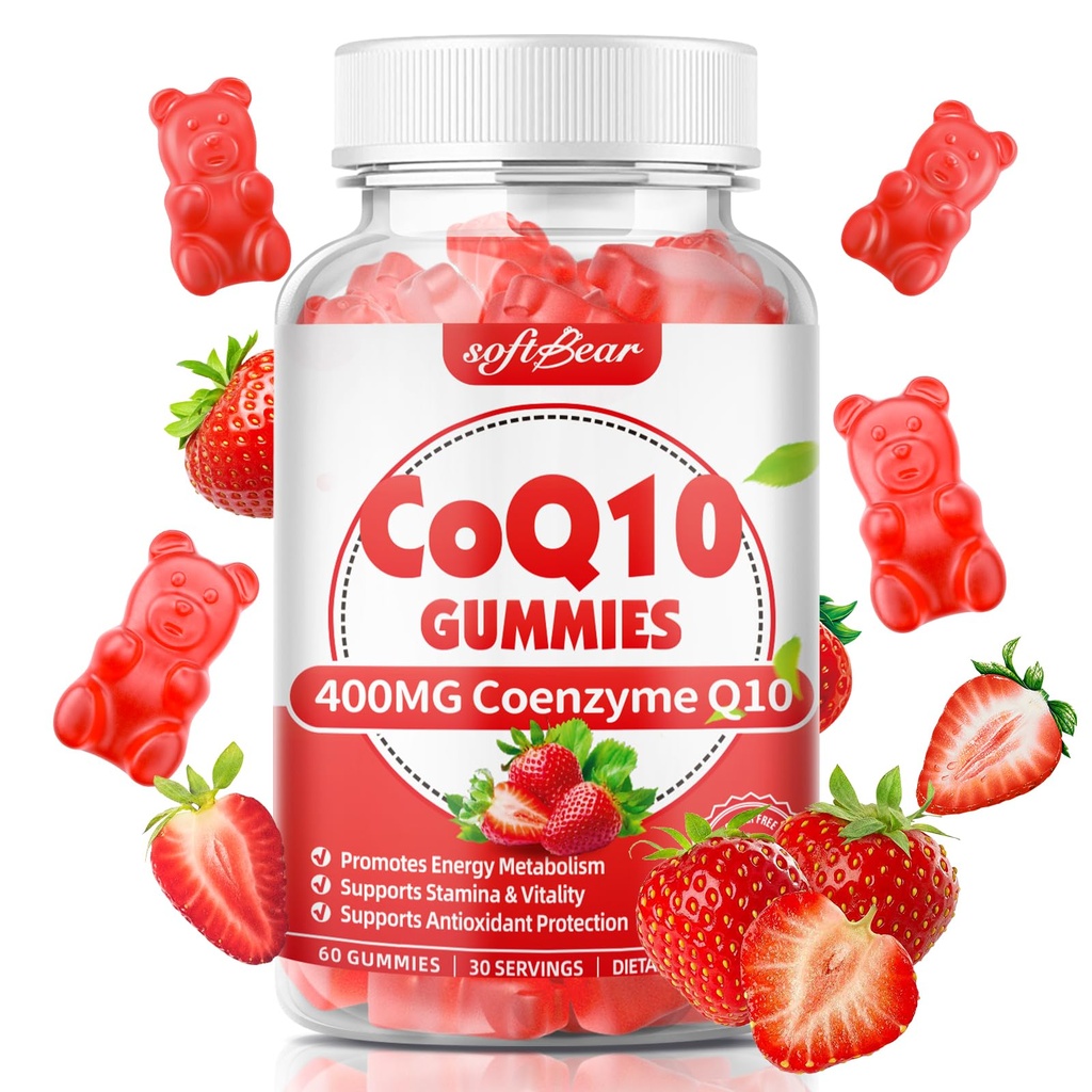 Pehmeä karhu CoQ10 Gummies 400 mg Coenzyme Q10 täydennysosa aikuisille, korkea imeytyvä coq10 Plus Omega-3, magnesium, B3-vitamiini ja sinkki soluihin energia & antioksidantti, mansikka maku 60