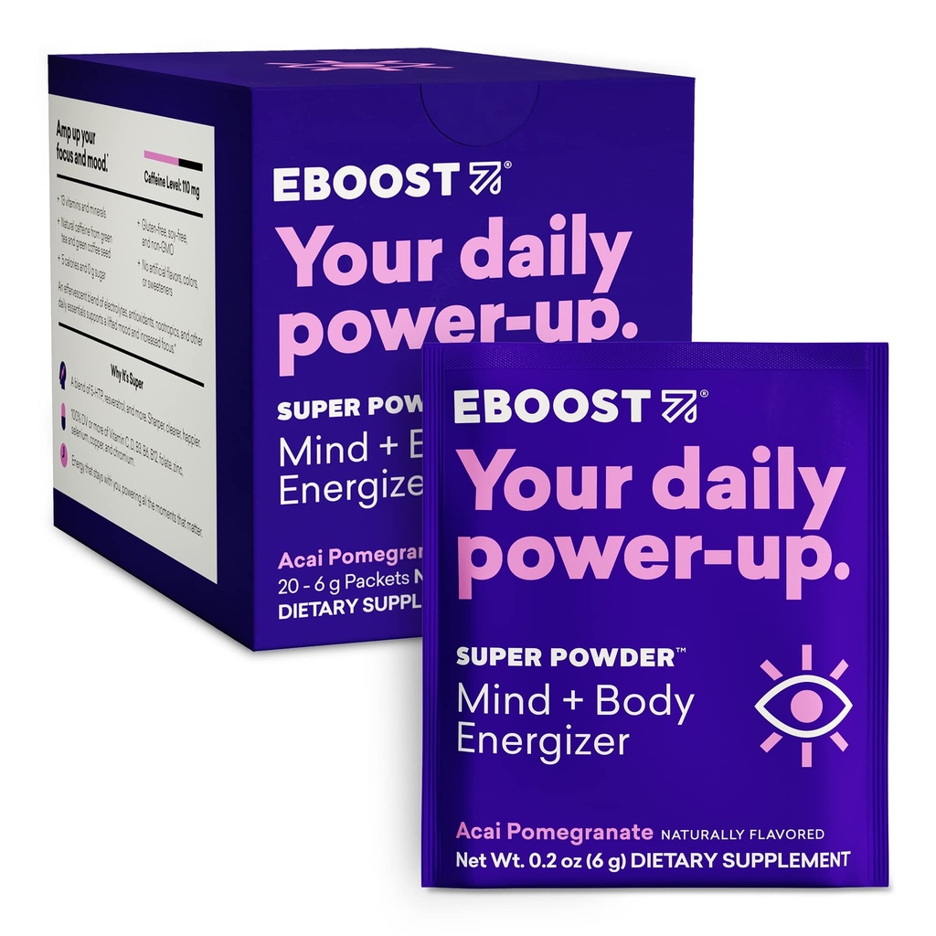 EBOOST Super Energy Powder Drink Mix, ei-GMO Elektrolyytti täydentää Ladattu vitamiineja (Acai Pomegranaatti), 0,2 Ounce (Pakkaus 20)