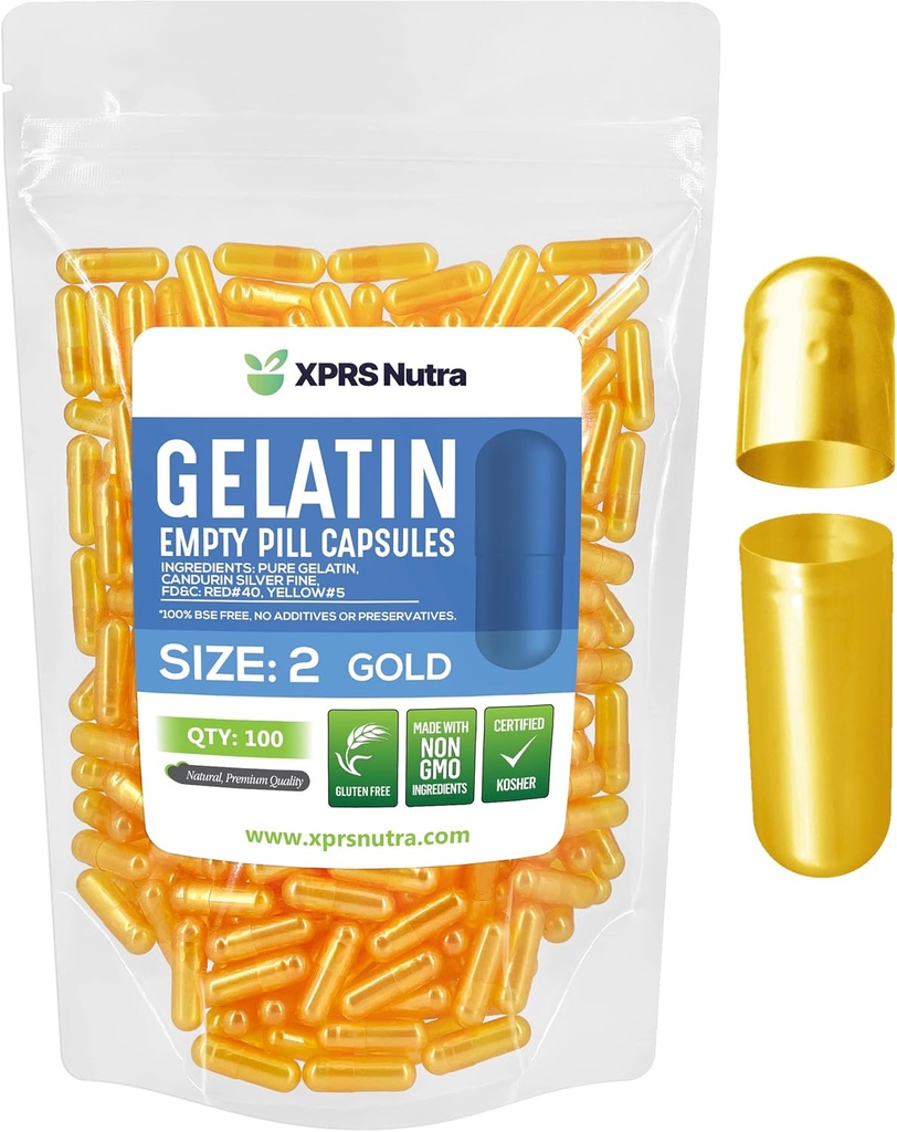 XPRS Nutra Size 2 Empty Capsules - 100 Count Empty Gelatin Capsules - Pills DIY Capsule Filling - Pure Bovine Pill Gel Caps for Do-It-Yourself Supplements (guld)