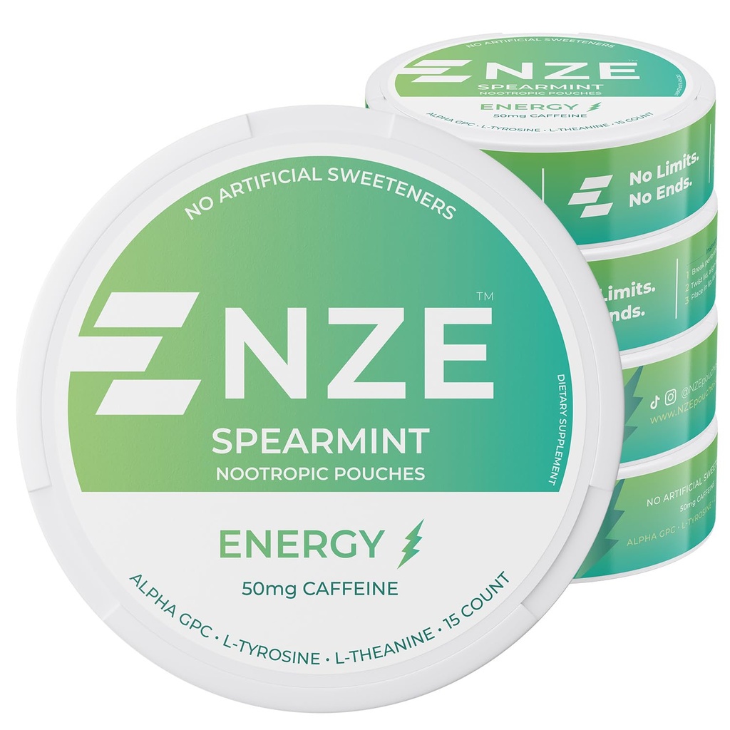 NZE Kofeiini Nootropic Puches (Spearmint) - Energia Pusseja 50 mg kofeiini, Alpha GPC, L-tyrosiini & L-Theanine ilman sokeria tai keinotekoisia makeuttajia - 15 Puches Per Can - 5 Pack