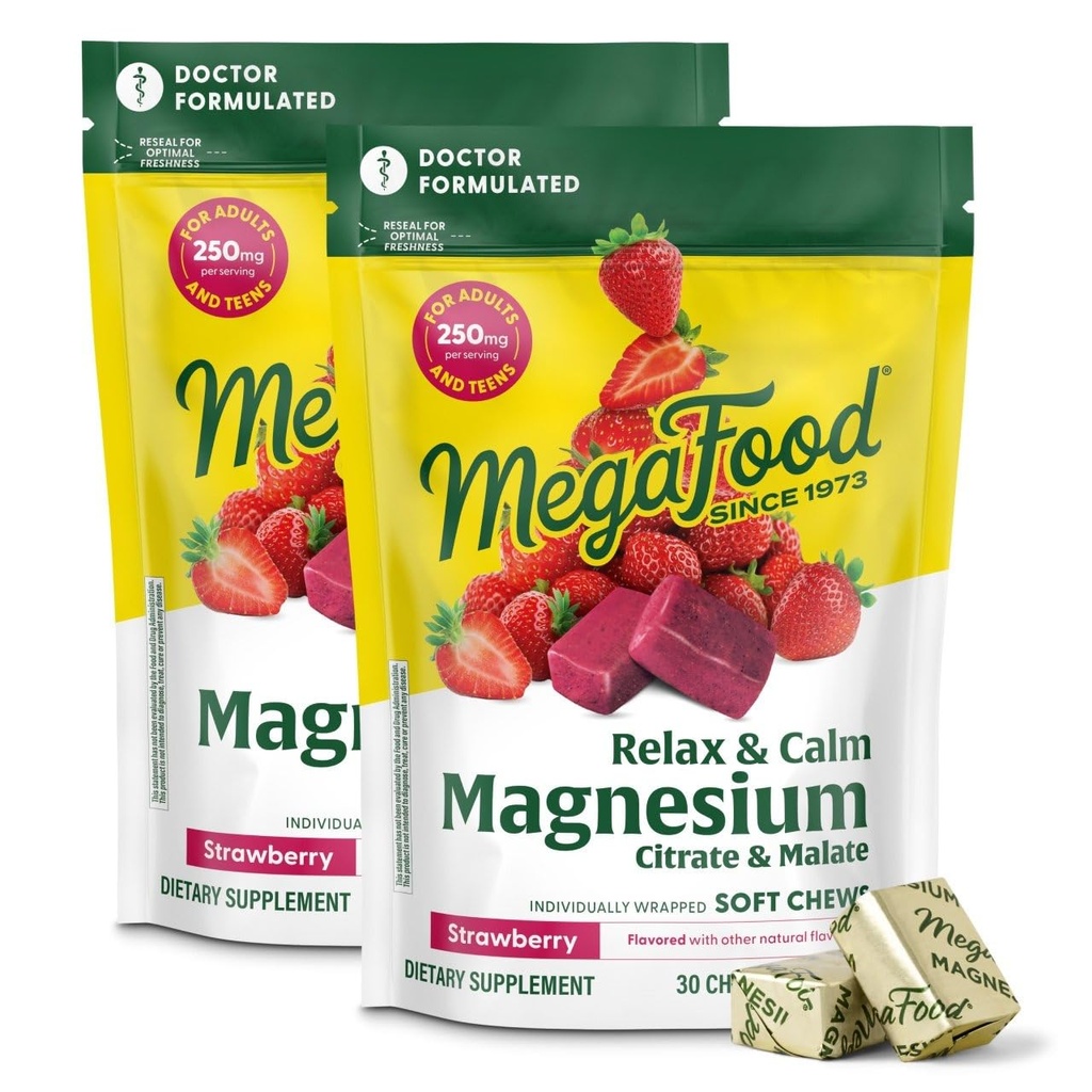 MegaFood Relax + Rauhallinen Magnesium Supplement - Soft Chews with Magnesium Citrate & Malate for Heart Health, Lihasjännitys & enemmän - Kasvissyöjä - Mansikka maku - 30 Chews per Pack (2 pakkaus)