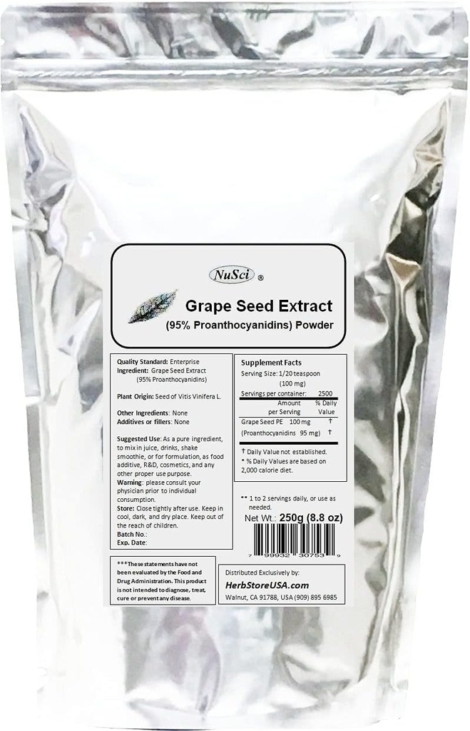 Grape Seed (Europa) Extract Powder Standardized 95% Proanthocyanidins OPC (250 Grams (8,8 oz)) Europe Grown GMO Free Non-Irradiated
