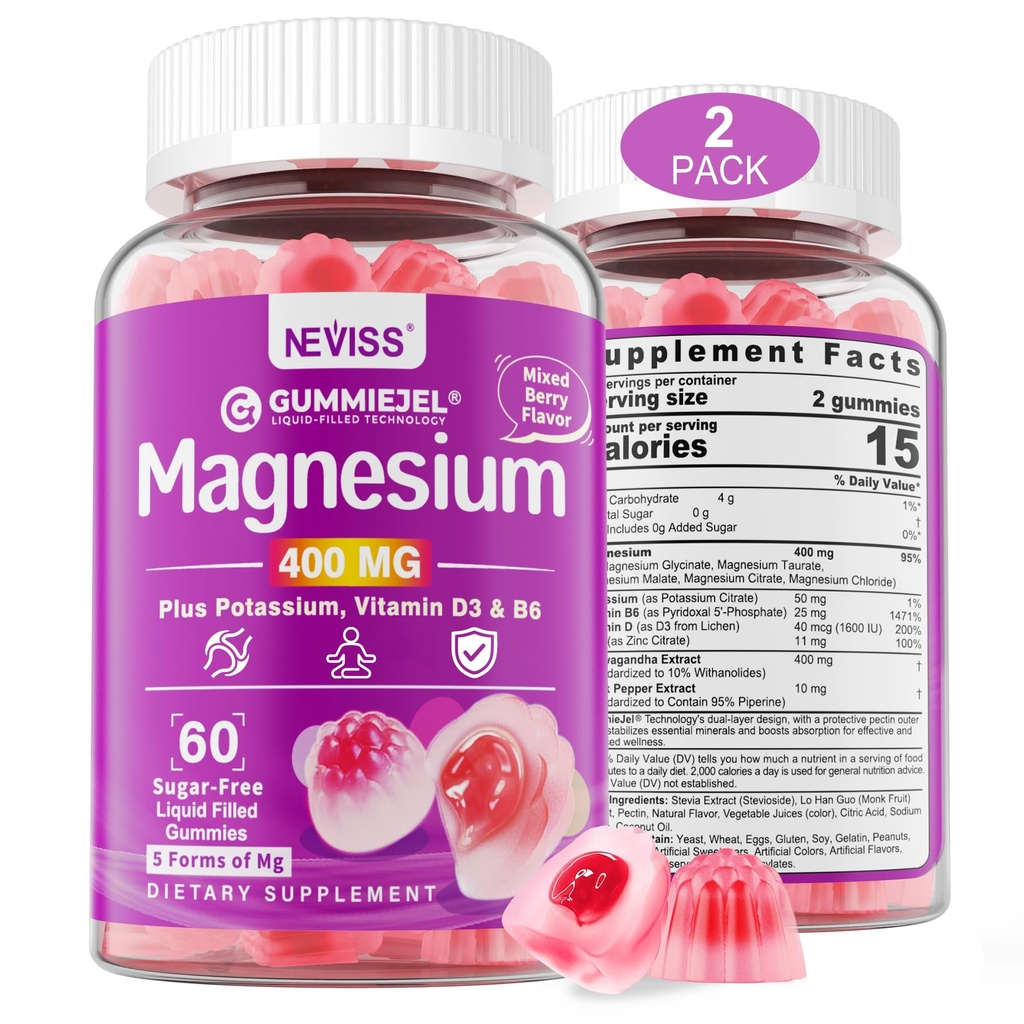 Sokeriton magnesium Gummies 400 mg ... 5-in-1 Complex Magnesium: Glycinate, Citraatti, malaatti, kloridi ja taurate ... Ashwagandha, D3-vitamiini ja sinkki...